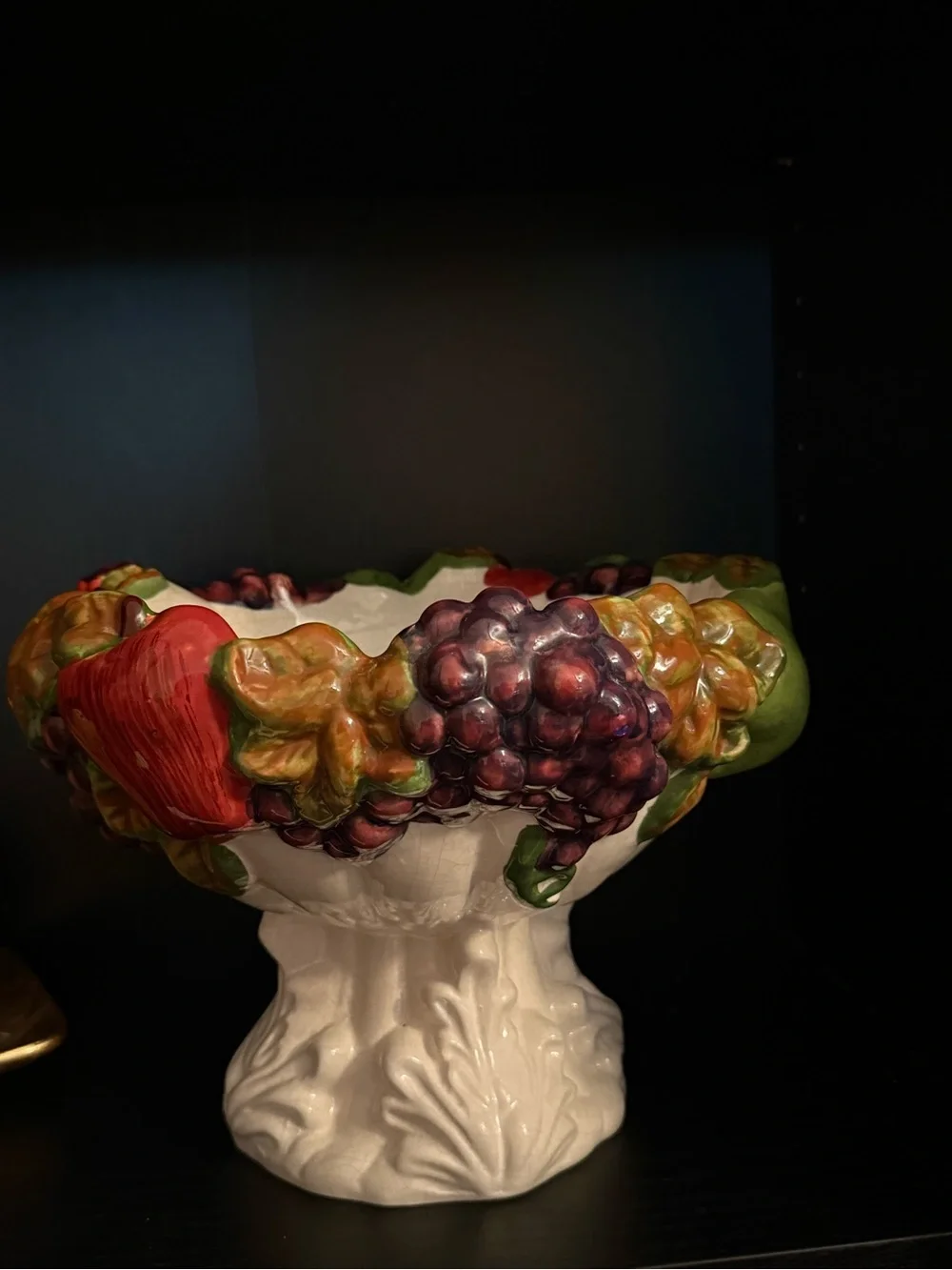 Hand-Painted Ceramic Fruit Compote - Red, Green, Purple Accents